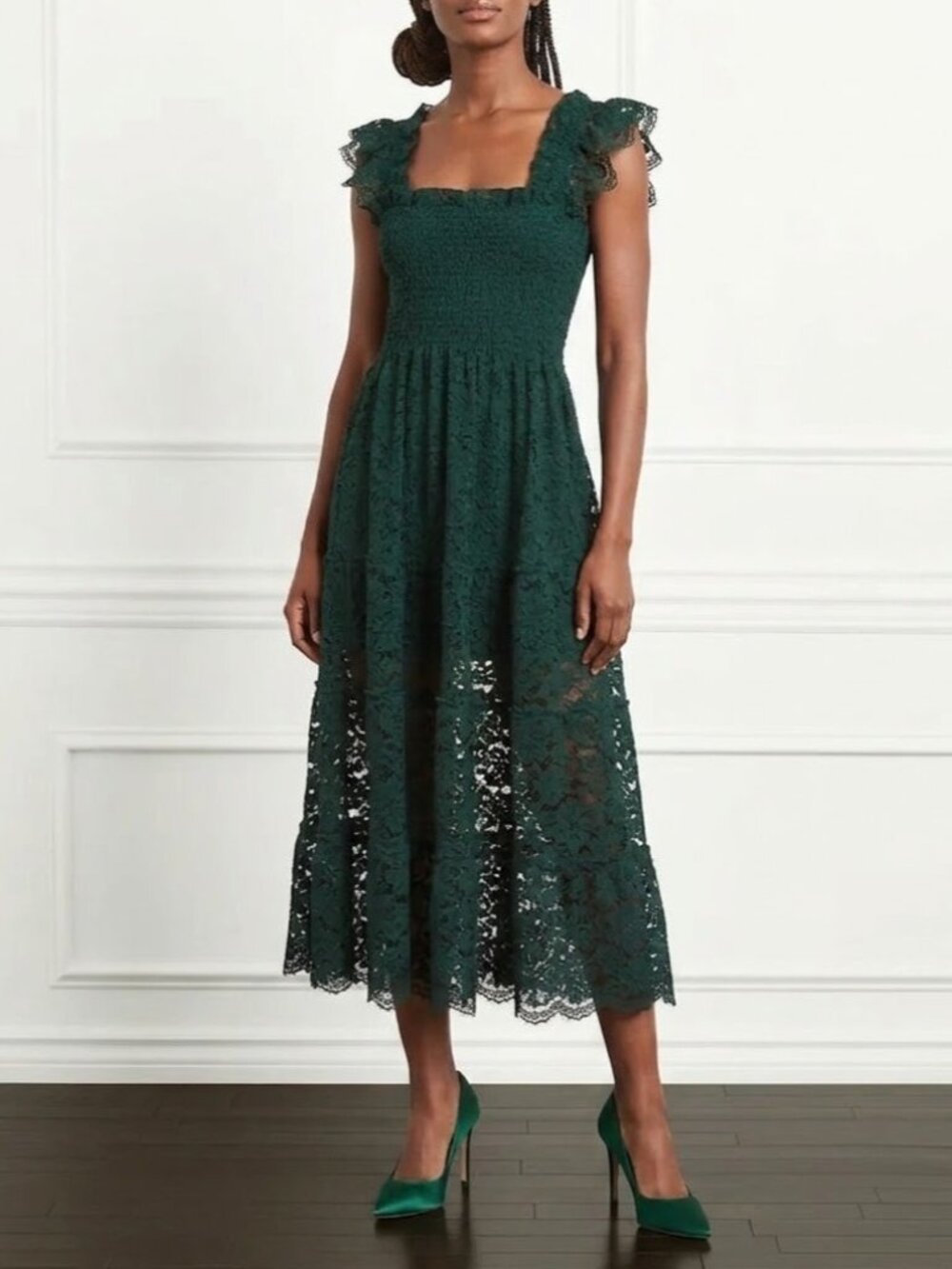 NWT Hill House Ellie Nap in Botanical Garden Green Lace Smocked Midi Dress M